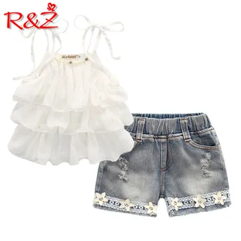 R&Z bērnu uzvalks 2019. gada Vasarā Meitenes Jauno korejas Šifona Linga Savirmot Fāzēm Top camiseta Modes Ziedu Džinsa Bikses Kopa