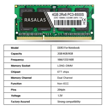 Rasalas Atmiņas RAM DDR3 8G 4G Klēpjdatoru 1600 1333 1066 1866MHz SODIMM 1,5 V DDR3L 1.35 V 4g 8g Grāmatiņa Memoria RAM Comoputer Daļas