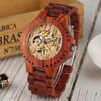 Reloj masculino Luxury Self-Vēja Mehāniskās Vīriešu Skatīties Pilnu Sarkanā Koka Rokassprādze Cilvēks Automātiski Hronometrs, Locīšanas Aizdare Jaunu 2019