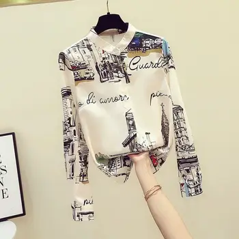 Retro Hong Kong Stila Iespiesti Krekls Sievietēm 's Šifona garām Piedurknēm Top