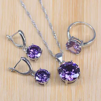 Risenj violeta CZ apaļu sudraba krāsas auskars, gredzens, kaklarota, kulons līgavas rotaslietas komplekts sievietēm rūpnīcas cenu veicināšana