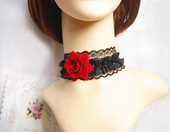 Roku darbs Gothic Viktorijas Melnas Mežģīnes sānslīdi kaklasaite Sarkana Roze Lolita Kaklarota Piederumi