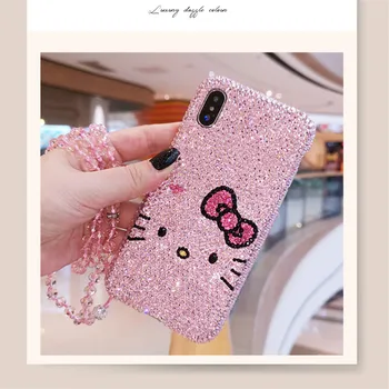 Rozā Pilna Bling Crystal Diamond Cute Karikatūra Bowknot Cat Gadījumā Vāciņš Samsung Galaxy Note 20 10 9 8 S20 FE Ultra S10E/9/8 Plus