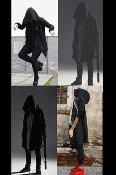 Rudens Assassin s creed vīriešu mētelis ir tumšs-melns ilgi un ilgi stila vīriešu vednis-klp apmetnis un cepure mens pelēkā vārna