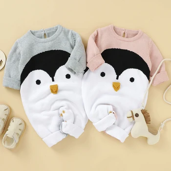 Rudens Bērnu Kombinezonus No Adīta Ar Garām Piedurknēm Karikatūra Pingvīns Toddler Meitenes Jumpsuits Tērpiem Jaundzimušā Bērna Zēnu Kombinezons Apģērbi