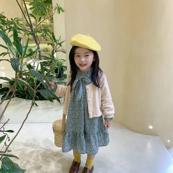 Rudens Jaunas Ielidošanas korejiešu stila apģērbu komplekti, Trikotāžas mētelis ar garām piedurknēm ziedi princese kleita cute sweet baby meitenes