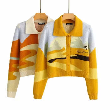 Rudens Jaunās Oli Krāsošana Trikotāžas Jaka Džemperis Sievietēm Abstraktās Mākslas Vintage Džemperi Modes Garām Piedurknēm Outwear 2020 Jaunas