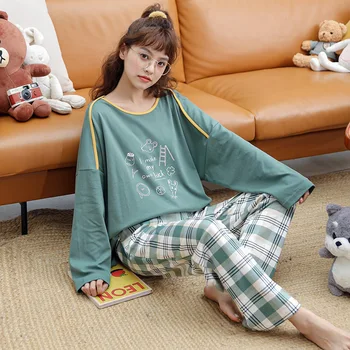 Rudens Kokvilnas garām Piedurknēm Pidžamas Komplekts Sievietēm Pyjama Sleepwear Garas Bikses Homewear Drēbes Lounge Pijama Mujer Nakts Tērps 2gab