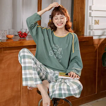 Rudens Kokvilnas garām Piedurknēm Pidžamas Komplekts Sievietēm Pyjama Sleepwear Garas Bikses Homewear Drēbes Lounge Pijama Mujer Nakts Tērps 2gab