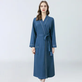 Rudens Pavasara Peldmētelis Sievietēm ar garām Piedurknēm Cietā Sleepwear Sieviešu Kimono Kabatas Drēbes Zaudēt ar Vērtnes Dāmas Naktsveļu