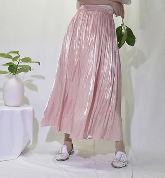 Rudens Svārki Sieviešu Modes Augstākās Kvalitātes Ilgi Svārki Dizainers, Metāla Spīd Augstu Vidukļa Ruched Kroku Svārki Faldas Saias Jupe
