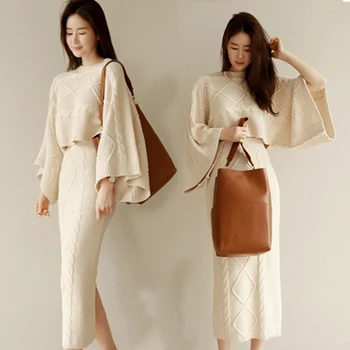 Rudens Ziemas Korejas Modes Trikotāžas 2 Gabals, Kas Plats Piedurkņu Mīksti Džemperi, Topi+Slim Sadalīt Bodycon Svārki Sieviešu Džemperis Kostīmi
