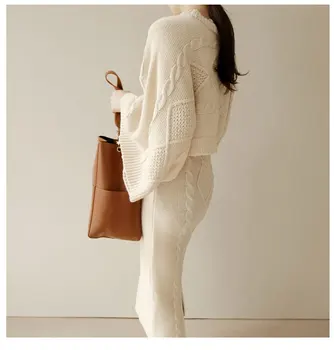 Rudens Ziemas Korejas Modes Trikotāžas 2 Gabals, Kas Plats Piedurkņu Mīksti Džemperi, Topi+Slim Sadalīt Bodycon Svārki Sieviešu Džemperis Kostīmi