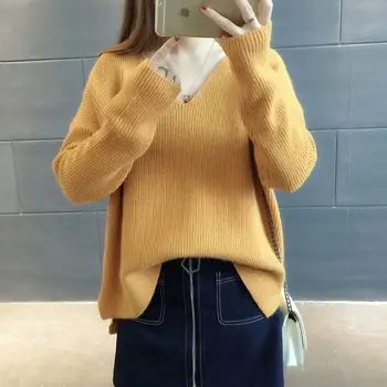 Rudens drēbes korejiešu jaunā V-veida kakla džemperis tīrtoņa krāsu brīvs savvaļas adīt zemāko džemperis sievietēm