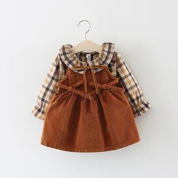 Rudens un Ziemas Pārbaudītājs Krekls + Velveta kleitu Jostas Divas-gabals, kas baby meitene apģērbs apģērbs