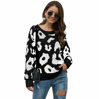 Rudens un ziemas leopards drukāt džemperis apaļu kakla brīvs džemperis džemperis džemperis džemperis sieviešu džemperis sueter mujer