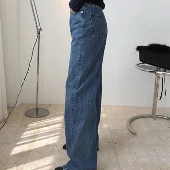 Rudens un ziemas sieviešu džinsi, gadījuma tīrtoņa krāsu mīksti džinsi ar augsto vidukli un plaša kāju bikses