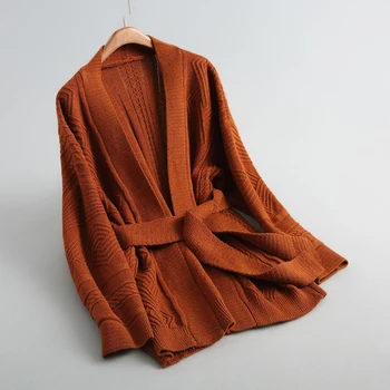 Rudens ziemas džemperis sieviešu jaku un mēteļu gadījuma cietā krāsa ar garām piedurknēm, vilnas džemperis jaka džemperis dekoratīviem jostas