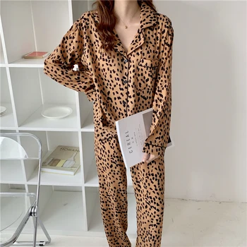 Rudens ziemas leopard sexy mājas tērps sieviešu pidžamas komplekts krekls ar garām piedurknēm sleepwear bikses pidžamas 2 gabals, kas mājas drēbes Y138
