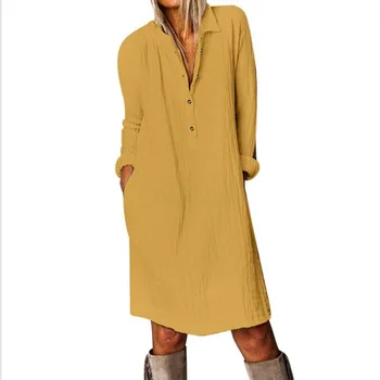 Rudenī Dzeltena/balta, ar garām piedurknēm pogas kokvilnas, linu krekls, kleita Lielu izmēru drēbes chemise Plus lieluma kleitas sievietēm 4xl 5xl 6xl