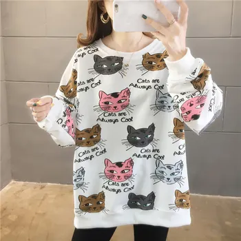 Rudenī un ziemā, Kokvilnas Sieviešu krekls Plus Lieluma Apaļu kakla Kaķis ar garām piedurknēm Topi, Plānie Džemperi Harajuku mētelis streetwear LT827