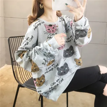 Rudenī un ziemā, Kokvilnas Sieviešu krekls Plus Lieluma Apaļu kakla Kaķis ar garām piedurknēm Topi, Plānie Džemperi Harajuku mētelis streetwear LT827