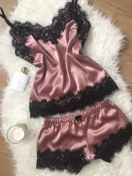 S-2XL Izmērs, Sieviešu Sleepwear Sexy Satīna zīda Pidžamas Komplekts Mežģīņu V-veida Kakla Pidžamas bez Piedurknēm Gudrs Cami Top 2019 Īss pijama mujer