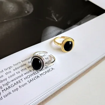 S925 sudraba melna akmens resizable gredzenu personības rotaslietas festivāls dāvanu 18k Zelta gredzens sievietei Sākotnējais Ģeometriskais