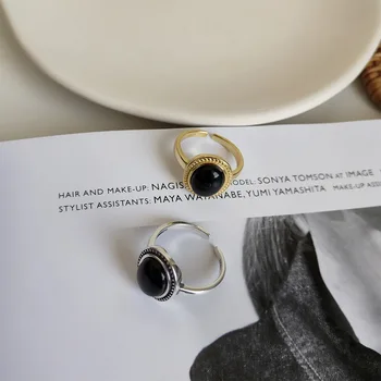 S925 sudraba melna akmens resizable gredzenu personības rotaslietas festivāls dāvanu 18k Zelta gredzens sievietei Sākotnējais Ģeometriskais