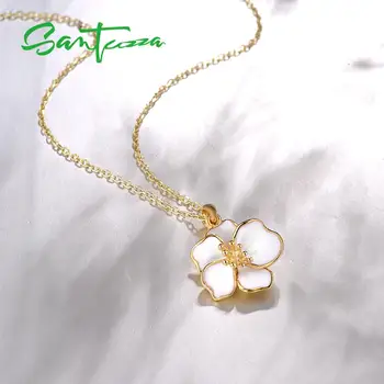 SANTUZZA Juvelierizstrādājumu Komplekts Sievietēm 925 Sterling Silver White Orchid Flower Kulons Auskari Gredzenu komplektu Smalkas Rotaslietas, Roku darbs Emaljas