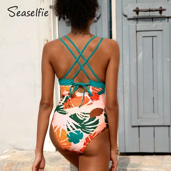 SEASELFIE Lapu Drukas V-veida kakla viengabala Peldkostīms Sievietēm Sexy Mežģīņu Augšu Atpakaļ Monokini Peldkostīmi Ir 2021. Jauno Vasaras peldkostīms Beachwear