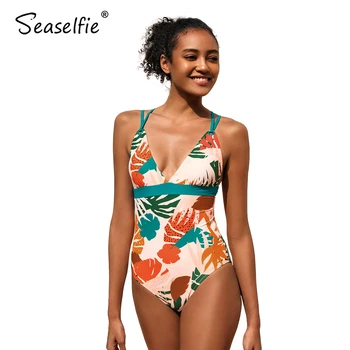 SEASELFIE Lapu Drukas V-veida kakla viengabala Peldkostīms Sievietēm Sexy Mežģīņu Augšu Atpakaļ Monokini Peldkostīmi Ir 2021. Jauno Vasaras peldkostīms Beachwear