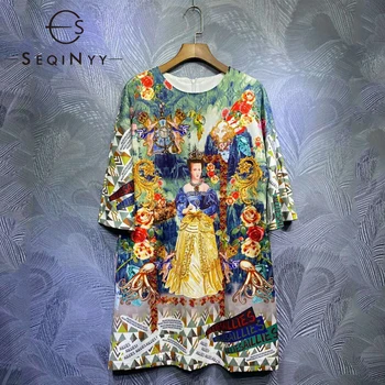 SEQINYY Vintage Taisna Kleita 2020. Gadam Pavasara Vasaras Jaunā Modes Dizaina Sievietes Skrejceļa Augstas Kvalitātes Kristāla Ziedi Drukāt Mini