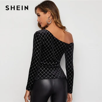 SHEIN Black Asimetrisks Kakla Spīguļi, Izšūta Samta Tops Sievietēm Pavasara Tee Rhinestone Detaļu Slim Fit Krāšņi Sexy T-krekli