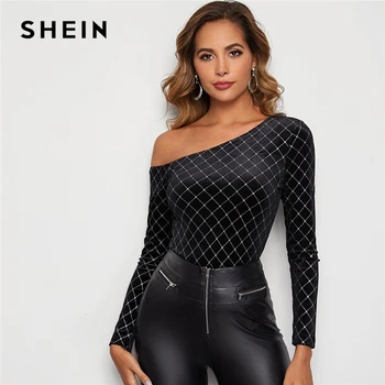 SHEIN Black Asimetrisks Kakla Spīguļi, Izšūta Samta Tops Sievietēm Pavasara Tee Rhinestone Detaļu Slim Fit Krāšņi Sexy T-krekli