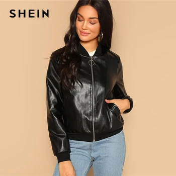 SHEIN Black Zip Up, Mākslīgās Ādas Jaka Bomber Gadījuma Piecelties Apkakle, Kabatas Vienkāršā Virsdrēbes 2019 Sieviešu Streetwear Iet, Mēteļi