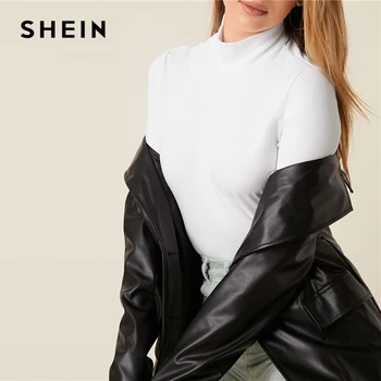 SHEIN Cietā Augsta Kakla Pamati Elegants Bodysuit Sieviešu Pavasara Rudens Īsām Piedurknēm Biroja Dāmas Izdilis Bodysuits