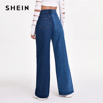 SHEIN Colorblock Divu Toņu Plaša Kāju Džinsi Sieviešu Rudens Rāvējslēdzēju Lidot Augstu Vidukļa Ilgi Džinsa Bikses Dāmas Vintage Jeans