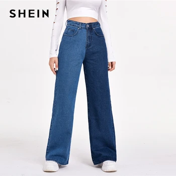 SHEIN Colorblock Divu Toņu Plaša Kāju Džinsi Sieviešu Rudens Rāvējslēdzēju Lidot Augstu Vidukļa Ilgi Džinsa Bikses Dāmas Vintage Jeans