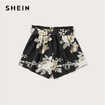 SHEIN Multicolor Paperbag Vidukļa Ziedu Drukāt Siksnas Bikses Sievietēm 2020. Gada Vasaras Plaša Kāju Zaudēt Gadījuma Boho Šorti