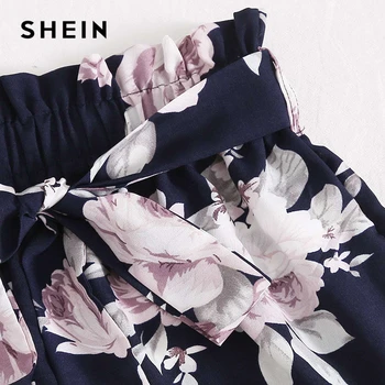 SHEIN Multicolor Paperbag Vidukļa Ziedu Drukāt Siksnas Bikses Sievietēm 2020. Gada Vasaras Plaša Kāju Zaudēt Gadījuma Boho Šorti