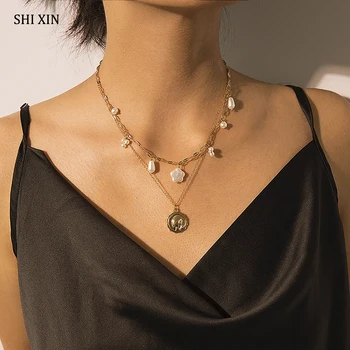 SHIXIN Boho Multi Layer Monētas, Kulons, Kaklarota Sievietēm Vienkārši Star Pērļu Kaklarotu Sieviešu Apdare uz Kakla Modes Rotaslietas