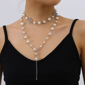 SHIXIN Imitētu Pērle sānslīdi kaklasaite Dobi Kristāla Sirds Kaklarota Sievietēm Ilgi Pušķis Kaklarotas, Kakla 2020. Gadam Kāzu Modes Rotaslietas