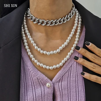 SHIXIN Kārtojumu Pērļu Krelles sānslīdi kaklasaite Kaklarota Sievietēm Biezs Ledus, No Rhinestones Kaklarotas Ķēdes uz Kakla Rotas, Apkakles 2021
