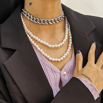 SHIXIN Kārtojumu Pērļu Krelles sānslīdi kaklasaite Kaklarota Sievietēm Biezs Ledus, No Rhinestones Kaklarotas Ķēdes uz Kakla Rotas, Apkakles 2021