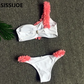 SISSIJOE 3D ziedu viena pleca, bikini komplekts Polsterēta divdaļīga baltie peldkostīmi sieviešu Vintage vasaras pludmales peldkostīmu biquini