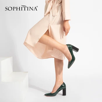 SOPHITINA Modes Gadījuma Sūkņi Sexy Augstas Kvalitātes Lakādas Norādīja Toe Kvadrātveida Papēdi Kurpes Slip-on Īpašu Sieviešu Sūkņi W003