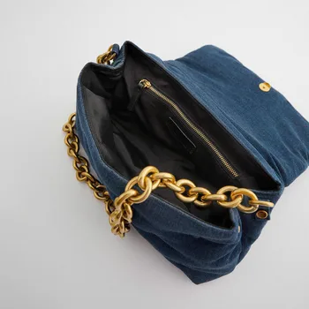 SOUTHLAND Retro zilās džinsa stepēts sieviešu plecu somas, dizaineru resnas ķēdes luksusa somas messenger bag dāma atloks big makus