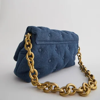 SOUTHLAND Retro zilās džinsa stepēts sieviešu plecu somas, dizaineru resnas ķēdes luksusa somas messenger bag dāma atloks big makus