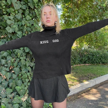 SUCHCUTE Vēstuli Izdrukāt Gadījuma Sievietes augstu uzrullētu apkakli Džemperis Gothic garām Piedurknēm Adīts Pulovers 2020. Gada Rudenī Streetwear 90s Tērpiem